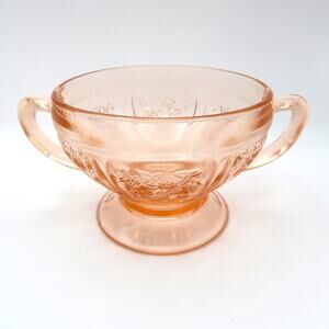 Federal Glass Sharon Cabbage Rose Pink Depression Glass Handle Sugar Bowl No Lid